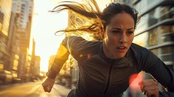 A woman running in the city at sunset photo