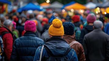 People wearing colorful hats at a market photo