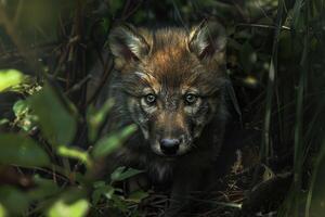A wolf is looking at the camera in the woods photo