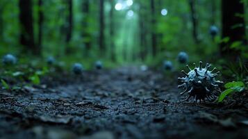A forest with a path and a single virus particle photo