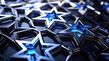 A vibrant arrangement of star shapes in metallic tones and deep blue hues creates an eye-catching abstract design. The surfaces reflect light, adding a dynamic quality to the art photo