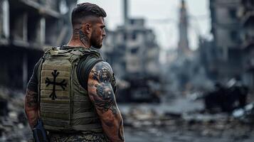 A man with tattoos and a cross on his vest stands in front of a destroyed city photo