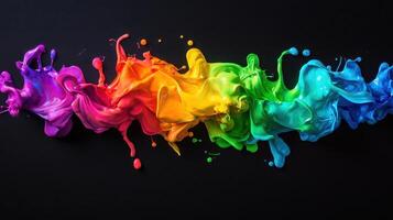 Vivid paint splashes in rainbow colors flow seamlessly across a dark background, showcasing a creative artistic expression. The dynamic movement illustrates energy and passion photo