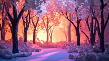 A scene of a forest with trees and a path photo