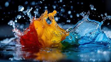 A splash of water with a red, yellow, and blue object in the middle photo