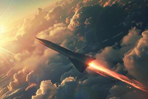 A rocket is flying through the sky with the sun behind it photo