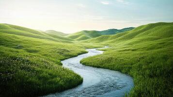 A river runs through a green field with grass photo