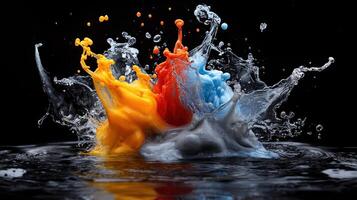 Colorful splash of water on black background photo