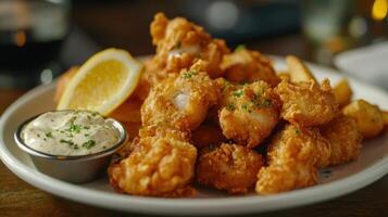 A plate of fried food with a side of dip photo