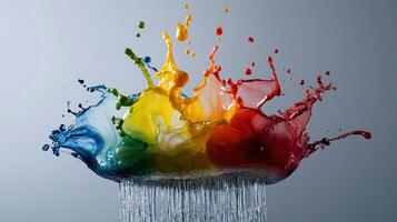 A colorful splash of paint is splattered across a gray background photo