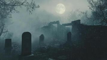 A graveyard shrouded in mist features weathered tombstones and crumbling ruins, illuminated by the glow of a full moon in a dark sky photo