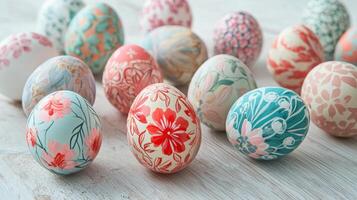 A bunch of painted eggs with flowers on them photo