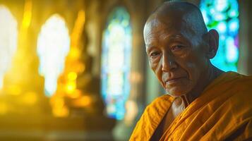 A monk in a temple with a yellow robe photo