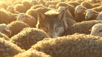 A wolf is stealthily watching a flock of sheep from within their midst, illuminated by the warm glow of early morning sunlight. The contrasts create a captivating scene of nature photo