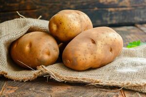 Three potatoes on a sack on a wooden table photo