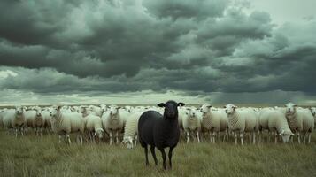 A striking contrast appears as a lone black sheep positions itself in front of a large flock of white sheep amidst a field under dark, ominous clouds photo