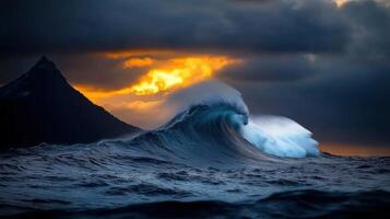 A large wave breaking on the ocean with a mountain in the background photo