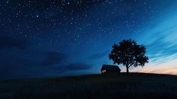 A lone tree stands on a hill under a starry sky photo