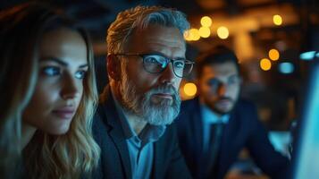 Three professionals analyzing data on computer in modern office at night photo