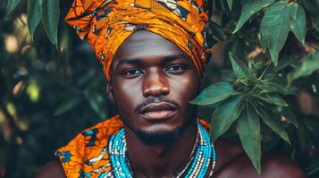 Traditional African attire worn by man, showcasing vibrant colors and intricate patterns. expression reflects pride and cultural heritage amidst lush greenery photo