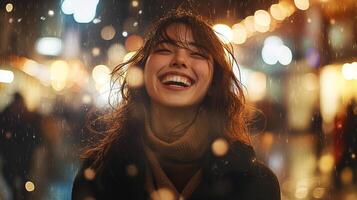 carefree young woman laughing joyfully in rain, surrounded by colorful lights and festive atmosphere. Her happiness radiates amidst beautiful bokeh effect photo
