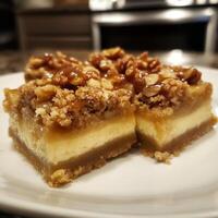 Delicious layered dessert with creamy filling, caramel topping, and crunchy nuts. Perfect for gatherings or sweet treat at home photo
