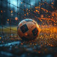 soccer ball splashes through water near goal, creating dynamic scene filled with energy and excitement. vibrant colors and droplets enhance dramatic atmosphere photo