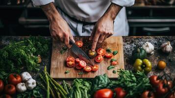 chef's hands holding a knife and slicing a tomato on a wooden cutting board. The chef is wearing a white chef's apron and is in the process of preparing a meal photo