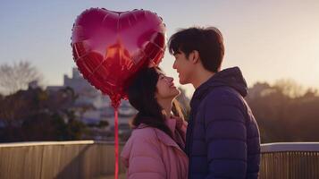 young asian couple standing on a bridge with a large red heart-shaped balloon in front of them. The man is on the right side of the image, leaning in to kiss the woman on the left side photo