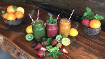 three mason jars filled with different types of smoothies on a wooden table. The jars are of different colors - one is green, one is red, and one is orange photo