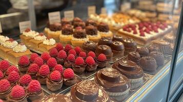 display case filled with a variety of cakes and pastries. The display case is made of glass and is filled with different types of cakes photo