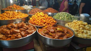 variety of Indian food items on display at a market stall. photo