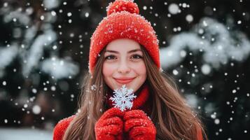 portrait of a young woman in a winter scene. She is wearing a red knitted hat with a pom-pom on top and a red scarf around her neck. She has long brown hair and is smiling at the camera photo