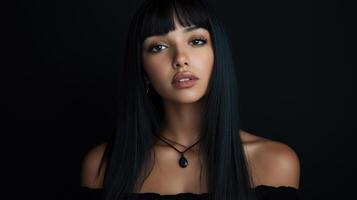 portrait of a young woman with long, straight black hair. She has a serious expression on her face and is looking directly at the camera. photo