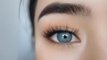 a close-up of a woman's eye. The eye is blue and has long, full eyelashes. The eyelashes are long and full, and the eyebrows are neatly groomed. photo