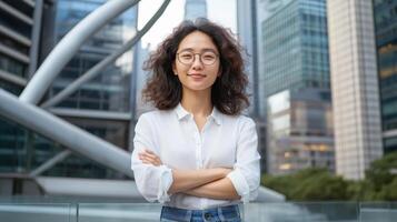 portrait of a young Asian woman with curly hair and glasses. She is standing in front of a modern building with her arms crossed and is smiling at the camera photo