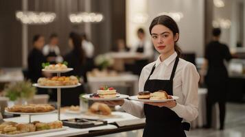 waitress holding two plates of food in her hands. She is wearing a white blouse and black apron and is standing in front of a table with other tables and chairs set up for a formal event photo