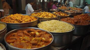 variety of Indian food items on display at a market stall. There are several large pots and pans filled with different types of food, including curry, meat, and vegetables photo