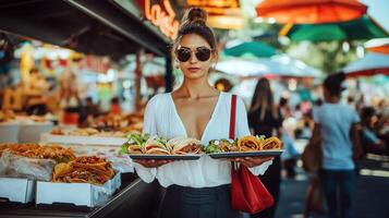 woman holding a tray of food in her hands. She is standing in front of a food stall with two trays of food on it. photo
