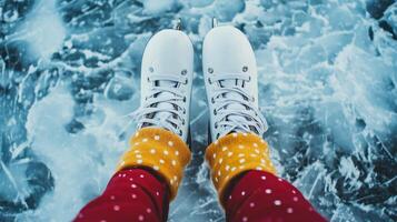 pair of feet wearing white ice skates and red mittens. The person is standing on a frozen ice rink, with their feet slightly apart photo