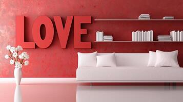 modern living room with a red wall and a white floor. On the wall, there is a large red letter LOVE in the shape of a heart photo