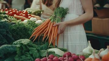 young woman in a white dress standing in front of a table filled with fresh vegetables. She is holding a bunch of carrots in her hand and appears to be sorting through them photo