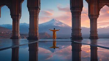 person standing in front of two tall, ornate pillars with intricate carvings on them. The pillars are made of stone and are reflected in the water below photo