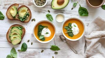 flat lay of a white wooden table with a variety of food items arranged on it. On the left side of the table, there are two slices of toasted bread with avocado and spinach on top photo