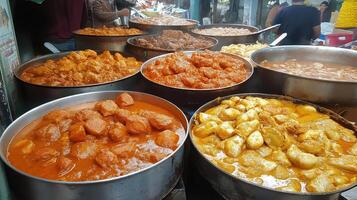 There are several large pots and pans filled with different types of food, including curry, meat, and vegetables. photo