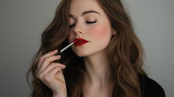 close-up portrait of a young woman with long, wavy brunette hair. photo