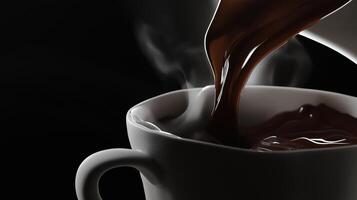 a close-up of a white coffee cup with a handle on the left side. The cup is filled with a dark brown liquid photo