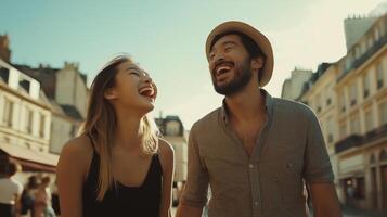 young couple holding hands and laughing in a square in a European city. The couple is standing close together photo