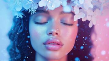 close-up portrait of a young woman's face. She has a dreamy and ethereal expression on her face, with her eyes closed and her lips slightly parted. Her hair is styled in a half-up photo