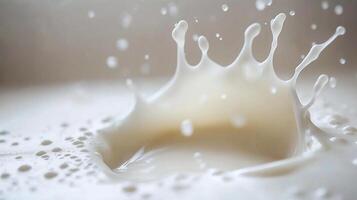 close-up of a splash of milk. The milk is white and appears to be in motion, with droplets of milk falling from the top right corner of the image photo